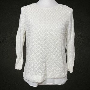 Lucky Brand Crochet Chiffon Top M Pointelle Diamond Knit 3/4 Sleeve Combo